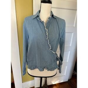 Ralph Lauren Jeans Co. Blue Chambray Long Sleeve Wrap Top Blouse Lace Trim sz 8